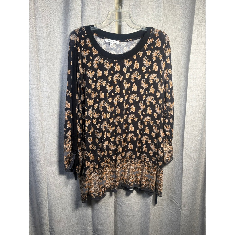 Rose + Olive Women 2X Black Paisley Tunic Top Long Sleeve Tie Cuff Jersey Knit